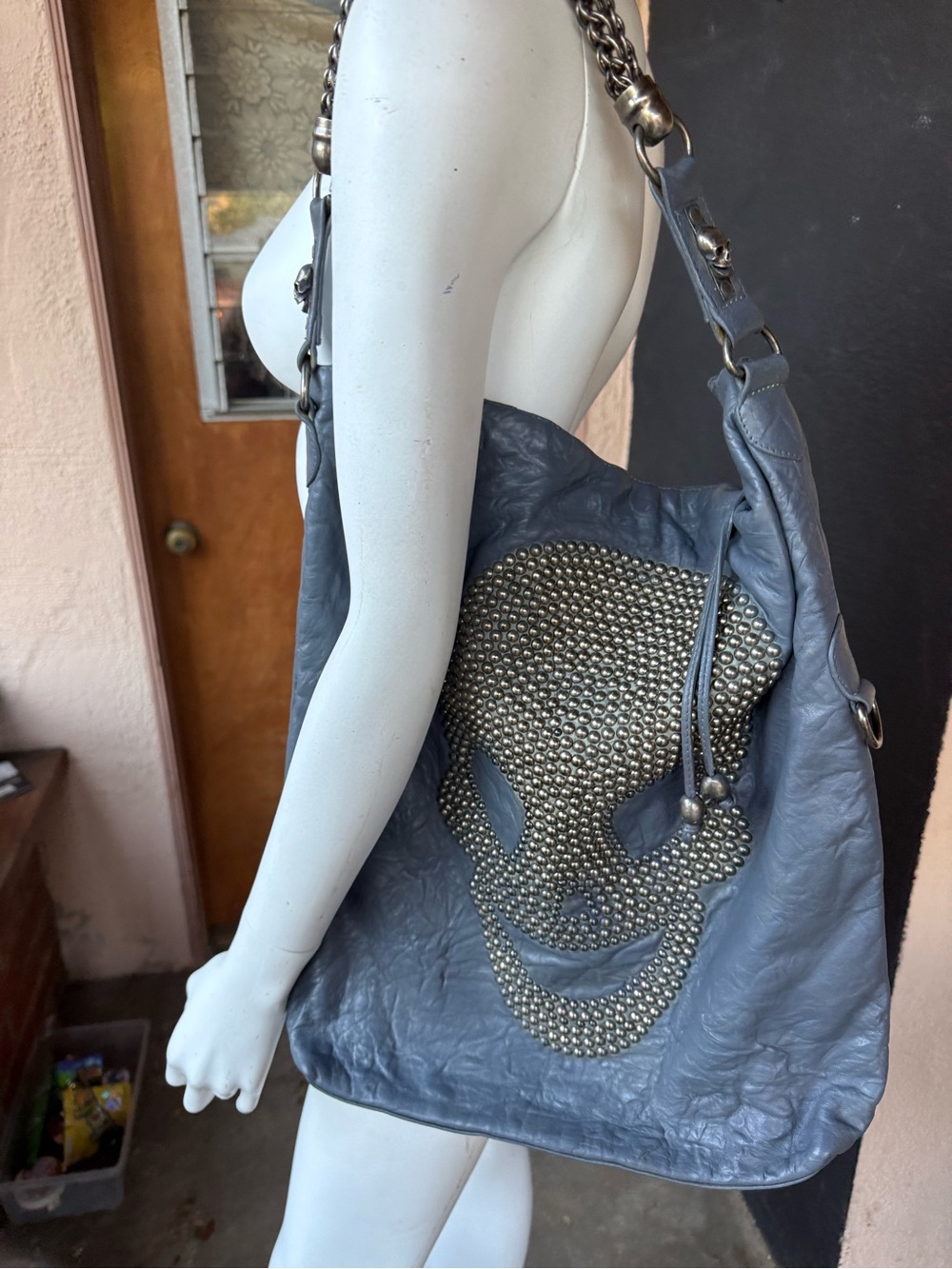 Thomas Wylde Dark Grey Leather Shoulder Bag w/ gunmetal grey studded skull